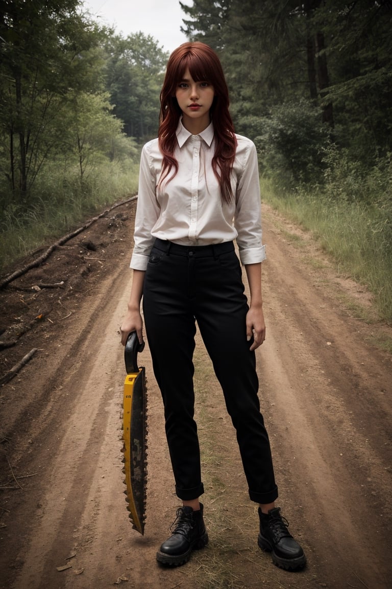 young girl, red hair, shirt, tie, black trousers, long_pants,photorealistic,makima (chainsaw man),makima(chainsaw man)