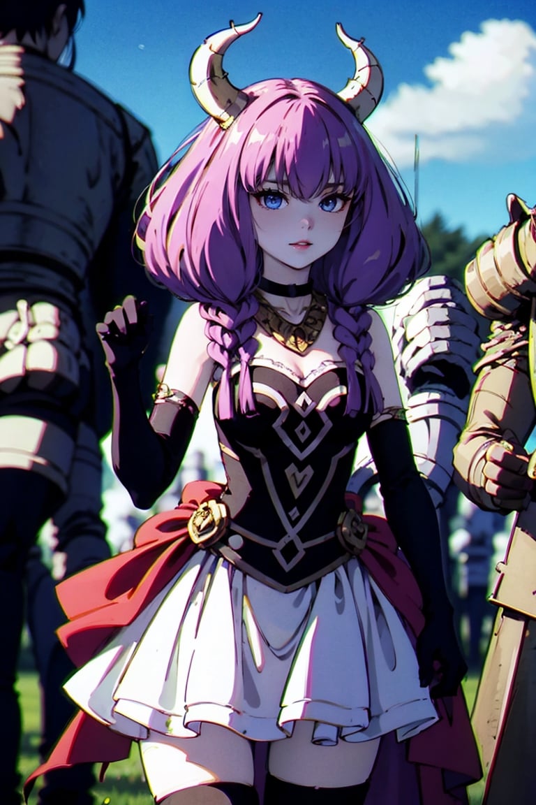 (masterpiece,  top quality,  best quality,  official art,  beautiful and aesthetic:1.2),  (1girl:1.3),  heterochromia , aura the guillotine, long hair, (purple eyes:1.1), purple hair, braid, horns, twin braids,skirt, thighhighs, gloves, choker, black gloves, elbow gloves, ,aura the guillotine