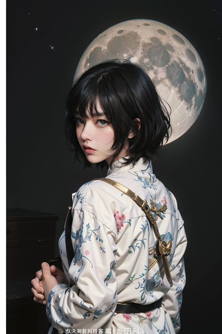 1girl,female, ((masterpiece, best quality, ultra detailed, absurdres), upper body, short hair, chinese cloth, moon, hime cut, shirt,from behind