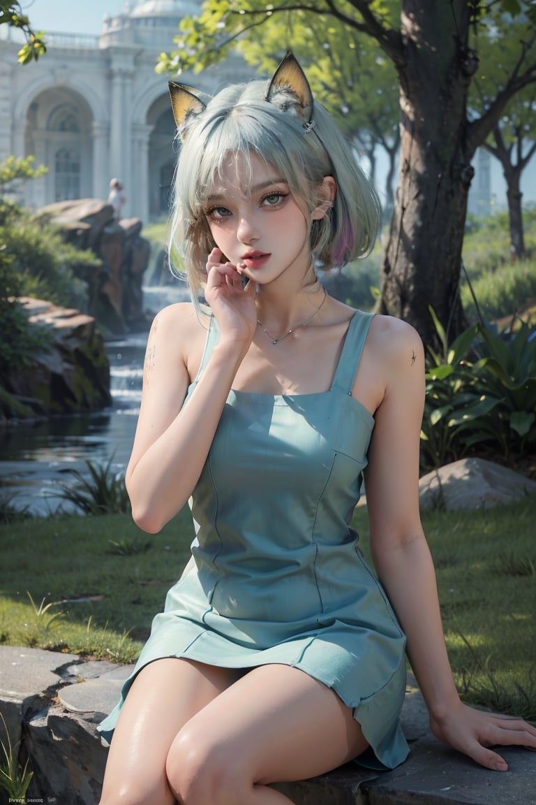 female, ((masterpiece, best quality, ultra detailed, absurdres):1.5),official art, unity 8k wallpaper, ultra detailed, beautiful and aesthetic, masterpiece, best quality, realistic, kaldef, green short dress, ultra quality, sharp focus, 8K UHD, highly detailed glossy eyes, ultra quality, green eyes, 1girl, masterpiece, best quality, hair blowing, looking at viewer, blue sky, meadow, sitting, tree, gradient hair, hand on own hair