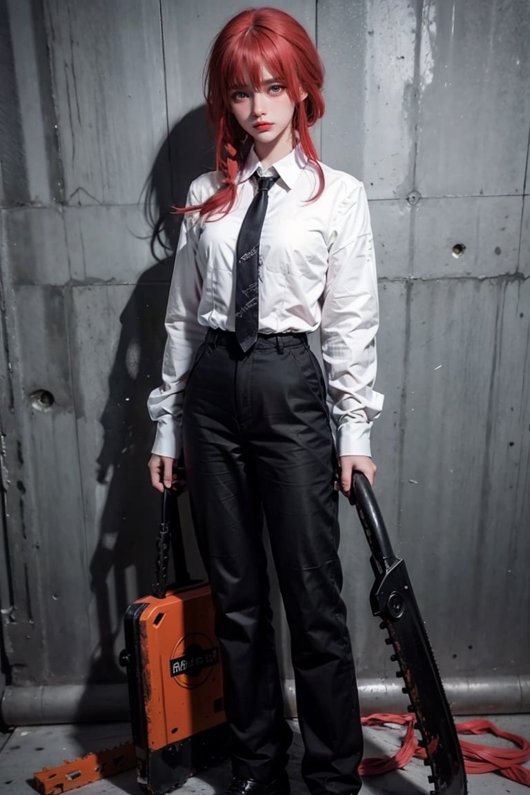 young girl, red hair, shirt, tie, black trousers, long_pants,photorealistic,makima (chainsaw man),makima(chainsaw man)