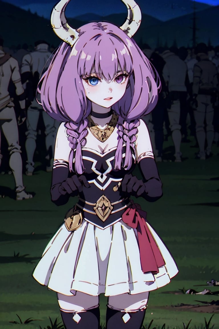 (masterpiece,  top quality,  best quality,  official art,  beautiful and aesthetic:1.2),  (1girl:1.3),  heterochromia , aura the guillotine, long hair, (purple eyes:1.1), purple hair, braid, horns, twin braids,skirt, thighhighs, gloves, choker, black gloves, elbow gloves, ,aura the guillotine, shadows summoning undead soldiers