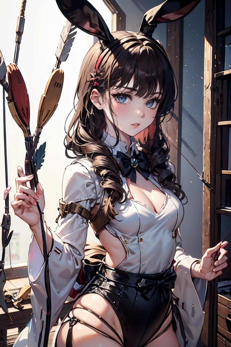 female, ((masterpiece, best quality, ultra detailed, absurdres),solo, 1girl,solo,small breasts,looking at viewer, heterochromia  ,looking at viewer, long hair, bangs, brown hair,bow,arrow,archer, bunny ears, arrow japanese, dynamic pose