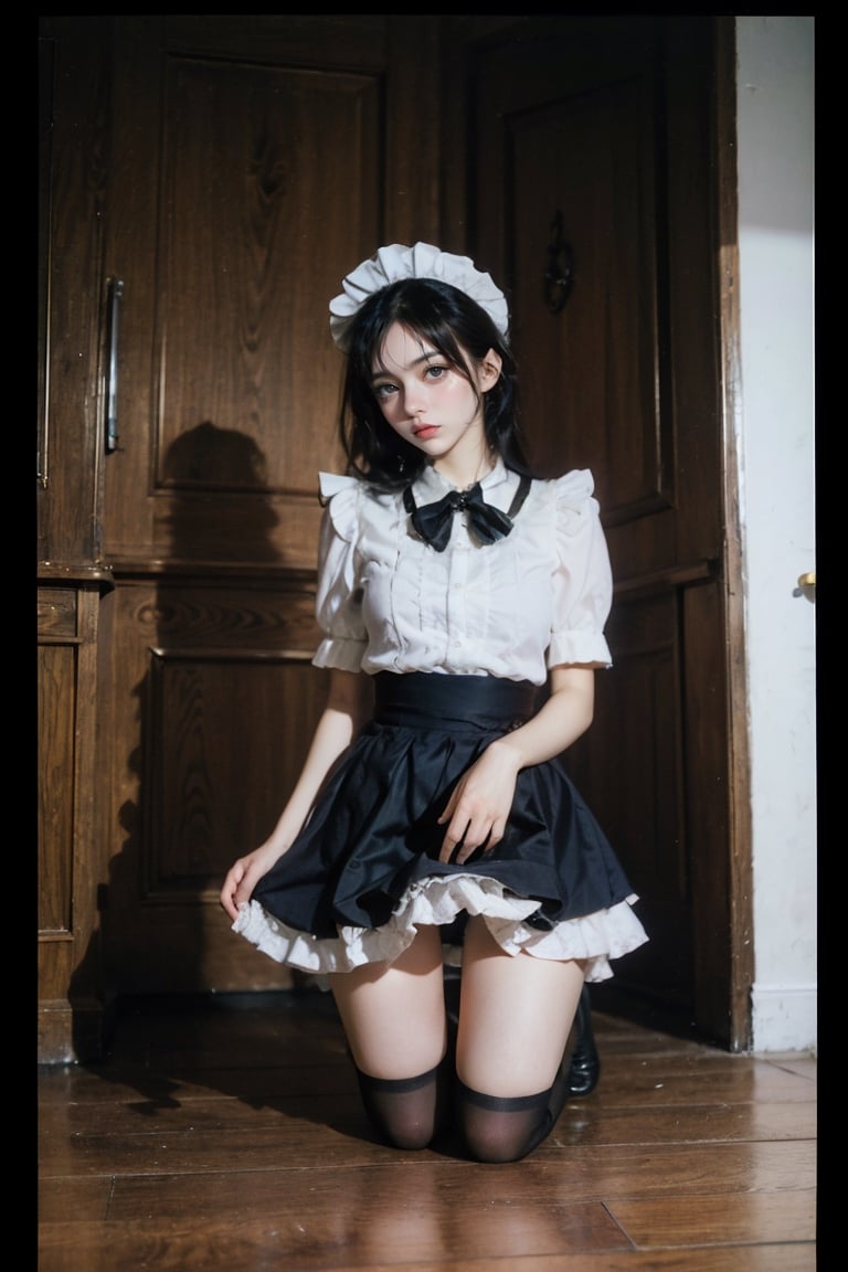 female, ((masterpiece, best quality, ultra detailed, absurdres), ,ubel,olantilene,hanfuskirt,  vintage, skirt, maid_dress, kneeling_down