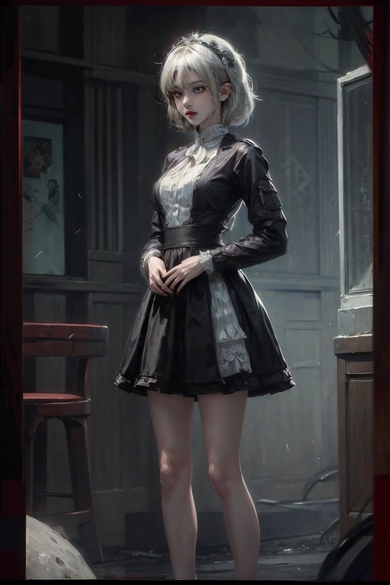 female, ((masterpiece, best quality, ultra detailed, absurdres):1.5), 1girl, bangs,beautiful,skirt, full moon, village,demonictech, white hair, evil, maid_costume, ,vnaodai,urban techwear,lolidress, bare legs,hehe