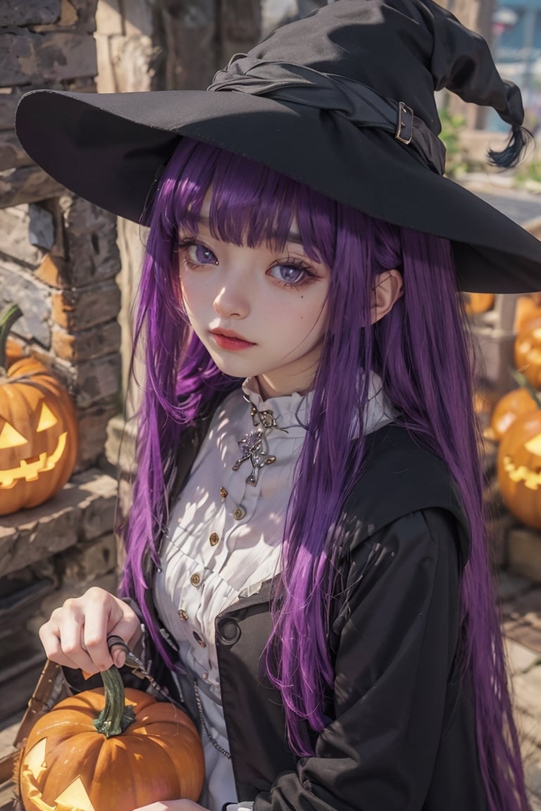 AgoonGirl,High detailed,, (xx)1girl,masterpiece, best quality, 8K,highres, absurdres:1.2,fern, long hair, bangs, (purple eyes:1.1), purple hair, sidelocks, blunt bangs, bright pupils, half updo,fern, witch_hat, pumpkins 