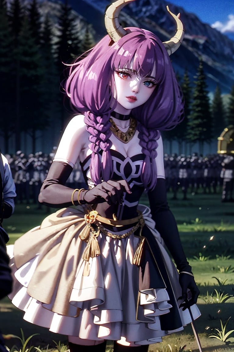 (masterpiece,  top quality,  best quality,  official art,  beautiful and aesthetic:1.2),  (1girl:1.3),  heterochromia , aura the guillotine, long hair, (purple eyes:1.1), purple hair, braid, horns, twin braids,skirt, thighhighs, gloves, choker, black gloves, elbow gloves, ,aura the guillotine, shadows, summoning undead soldiers