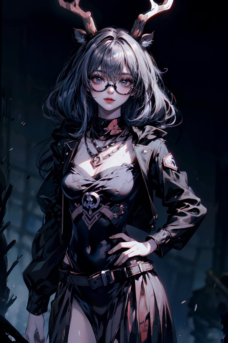 (masterpiece, best quality, ultra detailed, absurdres)1.5, 1girl,(sexy, beautiful woman, perfect face, perfect eyes, perfect female body, medium breasts),long sleeves, dress, jacket, scarf, neckerchief, black shirt, white hood, glasses, wristwatch, bangs, blue hair,aura the guillotine, deer horn, shool uniform, red skirt,SharpEyess, cyberpunk,demonictech, ,demonictech, witch hat,masked, tech mask