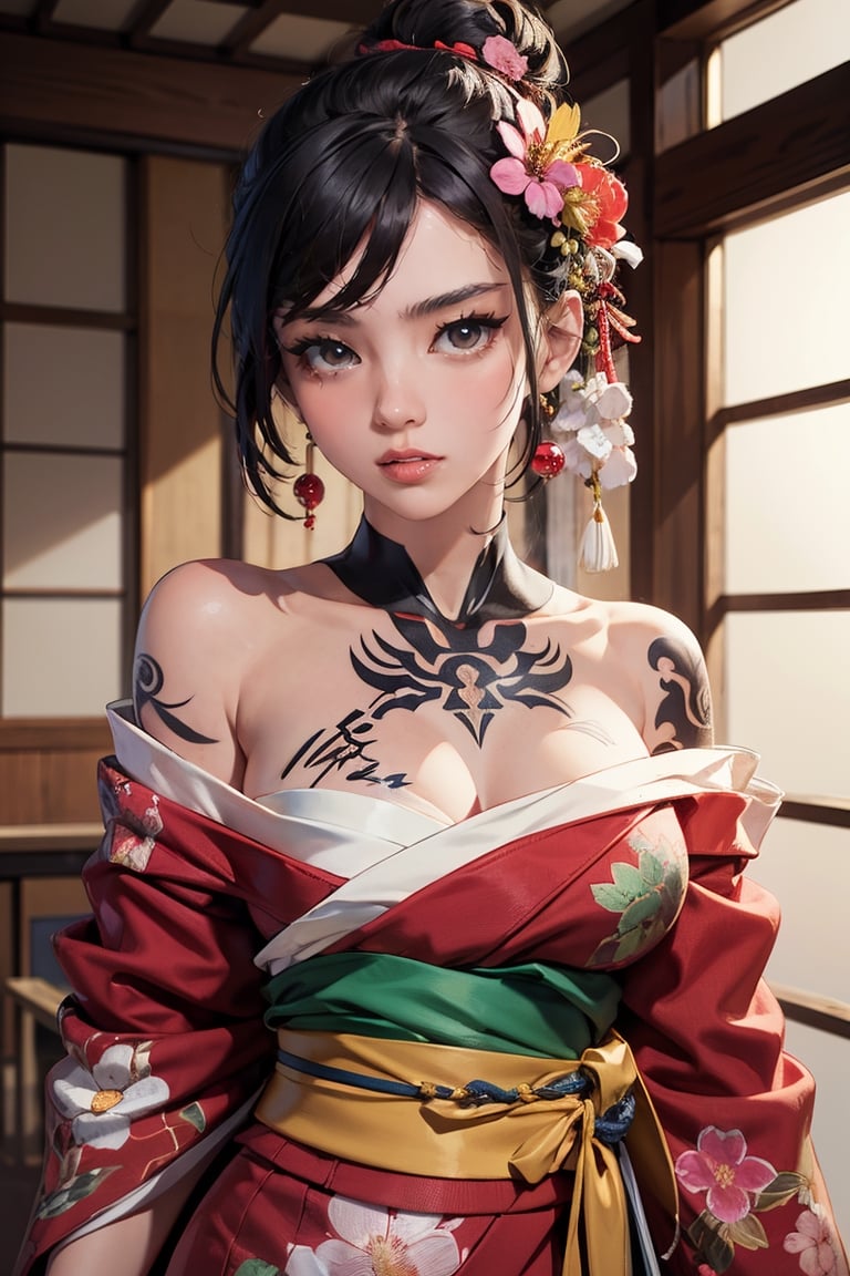 female, ((masterpiece, best quality, ultra detailed, absurdres),breasts,looking at viewer,blush,hair ornament,bare shoulders,upper body,japanese clothes,sword,kimono,off shoulder,hair bun,sash,tattoo,mask,holding sword,floral print,katana,sheathed,hairpin,arm tattoo,shoulder tattoo
