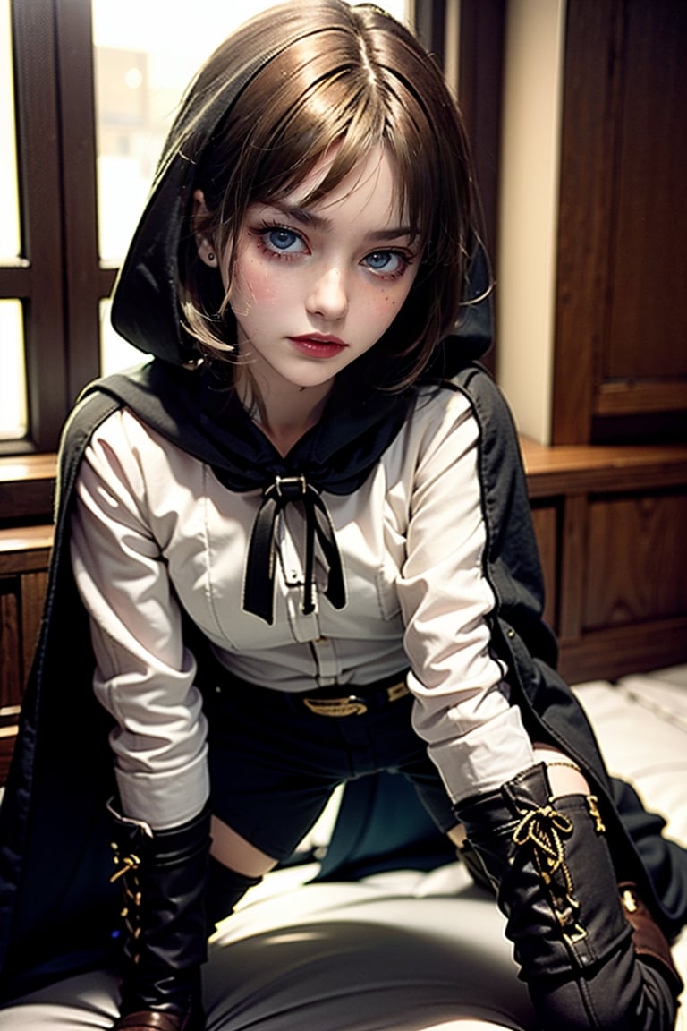 female, ((masterpiece, best quality, ultra detailed, absurdres),
heterochromia ,neia, bags_under_eyes, white shirt, black cloak, brown pants, thigh boots, belt, small pupils,retro,SharpEyess, sitting, on knees,Sexy Pose,standingDoggystyle