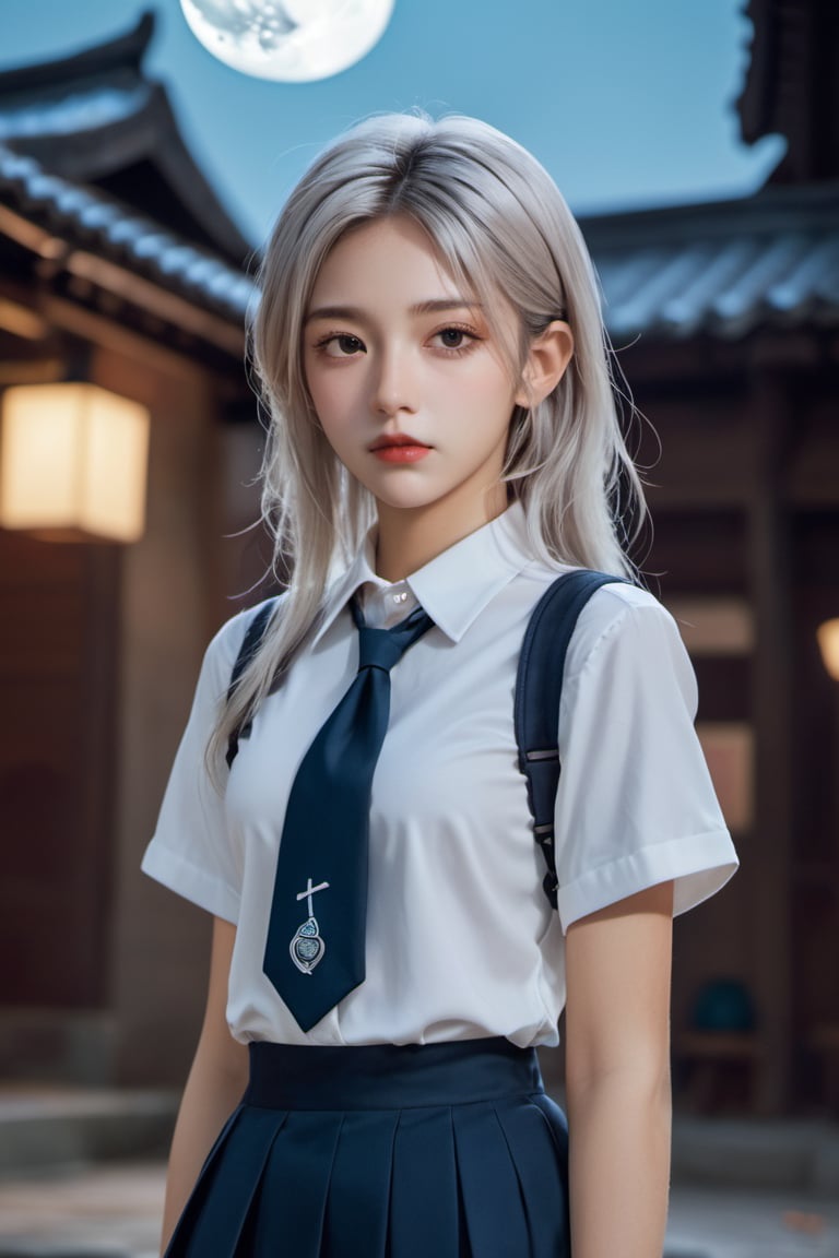 (8k, RAW photo, best quality, masterpiece:1.3),(realistic,photo-realistic:1.37),(night),(looking at viewer),(white hair),posing,soft light,1girl,school uniform,extremely beautiful face,bust,put down hands,(short-sleeved 
JK_shirt),JK_style,(dark blue JK_skirt) ,(bow JK_tie),and alphonse mucha,short-sleeved JK_shirt ,school_uniform,school_girl, full moon behind, fantasy, warrior girl,japanese,xxmix_girl,cyborg style