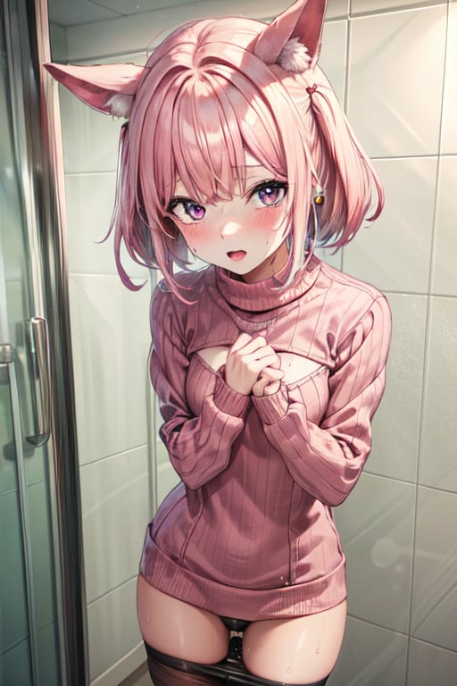 1girl, perfecteyes, perfect Hands, open chest sweater, 4k, sex, maid-chan (ramchi),panty, pink hair, small chest ,soaking wet, shower, showing butt 