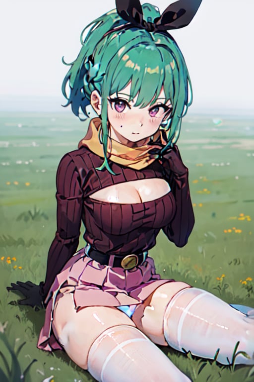 masterpiece, best quality, highres, dragon ball, blmpony, aqua hair, hair ribbon, braided ponytail, pink shirt, belt, scarf, pink skirt, clothes writing, brown gloves, medium breasts, field, black_thighhighs, grass, exposed_breast, open chest sweater, sitting_down, white_panties, legs_spread, pulling down panties