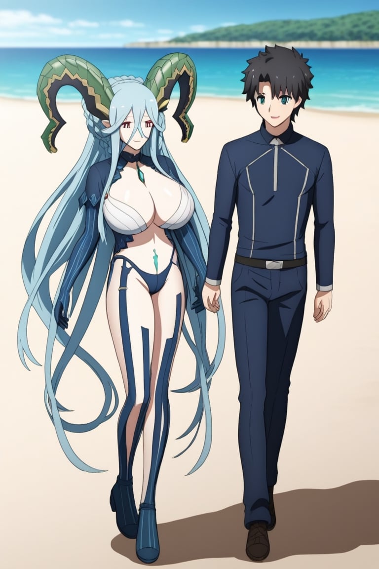 tiamat Long blue hair big Girl and boy see on the beach Ritsuka Fujimaru Black hair Big smile