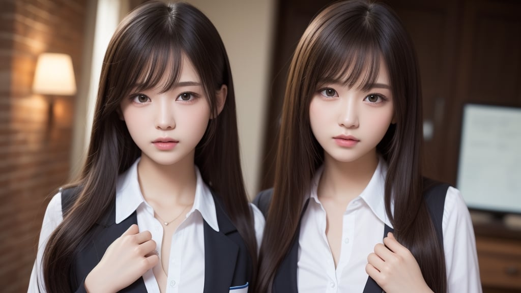 (1girl), (ultimate beautiful girl), cute face, Amazing face and eyes, (Best Quality:1.4), (Ultra-detailed), (extremely detailed beautiful face), (highly detailed Beautiful face), (extremely detailed CG unified 8k wallpaper), High-definition raw color photos, Professional Photography, Extremely high resolution, Highly detailed, (high school uniform:1.2), bedroom, home, night, cute wallpaper, place both hands on the chest