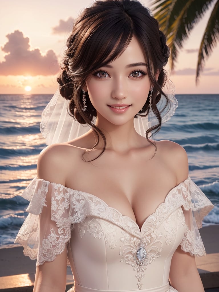 1 girl, (Ultra realistic, high res), (highly detailed eyes, highly detailed hair, highly detailed face, highly detailed plump lips), (off shoulder wedding dress), caute smile, Outdoors, coast, ocean, palm trees, beautiful sunset, hair clips, blush