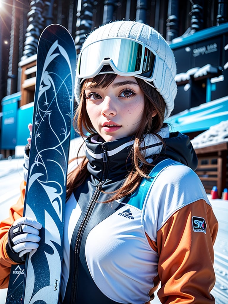 1Beautiful girl, extremely detailed CG unified 8k wallpaper, highly detailed, High-definition raw color photos, professional photograpy, Realistic portrait, teenager, long hair, (Ski wear:1.5), woolen hats, snowy mountains, snow-covered scenery, Outdoors, spectacular views from the top of mountains, sunsets, forest, lift,Realism