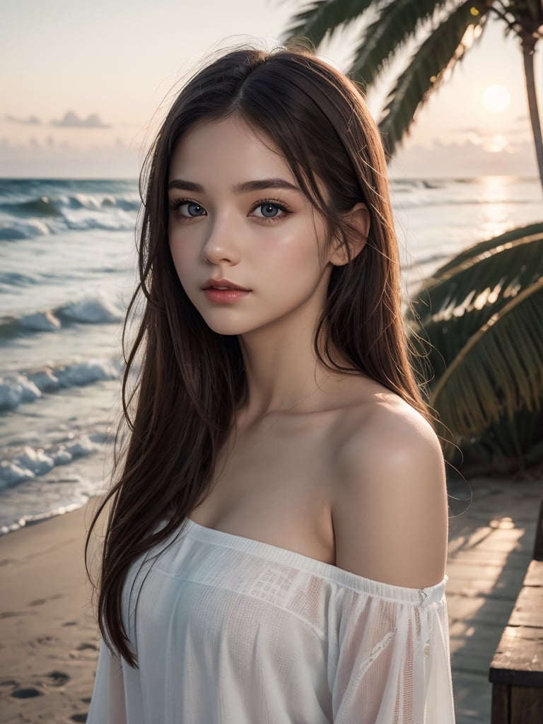 1Beautiful girl, extremely detailed CG unified 8k wallpaper, highly detailed, High-definition raw color photos, professional photograpy, Realistic portrait, teenager, brunette, long hair, off shoulder, Outdoors, coast, ocean, palm trees, beautiful sunset,