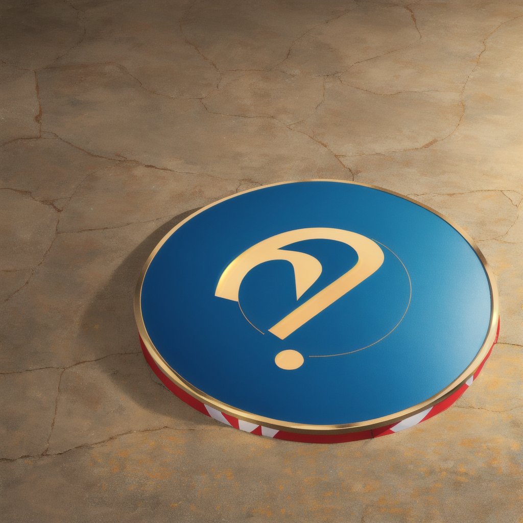 Metal round shield with a question mark in the middle, brightly coloured bands of red, white and blue, around the question mark, Colourful, vibrant, Gold, golden hour, (hi-top fade:1.3), dark theme, soothing tones, muted colors, high contrast, hyperrealism, soft light, sharp