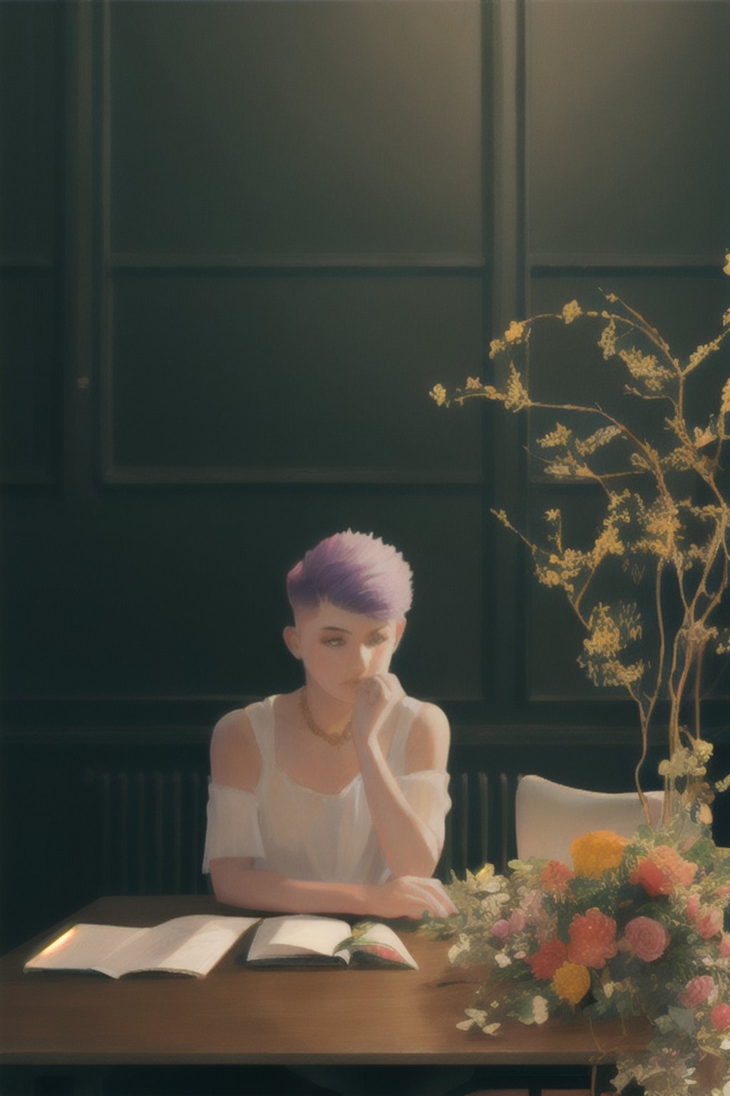 20 year old woman, sitting at a desk, Colourful, vibrant, Gold, flowers, golden hour, (hi-top fade:1.3), dark theme, soothing tones, muted colors, high contrast, hyperrealism, soft light, sharp