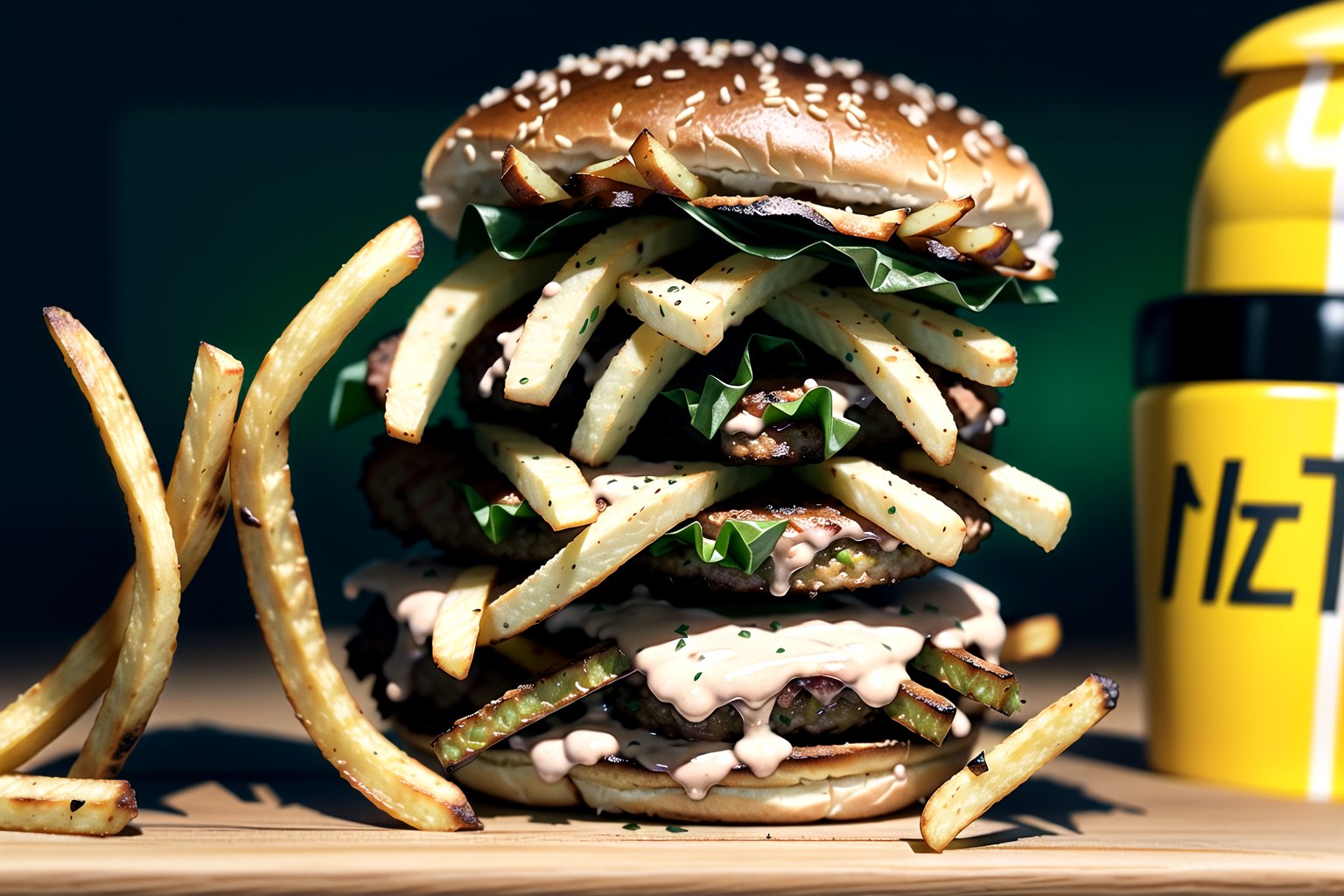 centered, two tiny burgers and a bunch of french fries, simple background, | depth of field, bokeh, | smooth detailed shadows, hyperealistic shadows, (saturated colors:1.2) | hyperealistic, analog, realism,