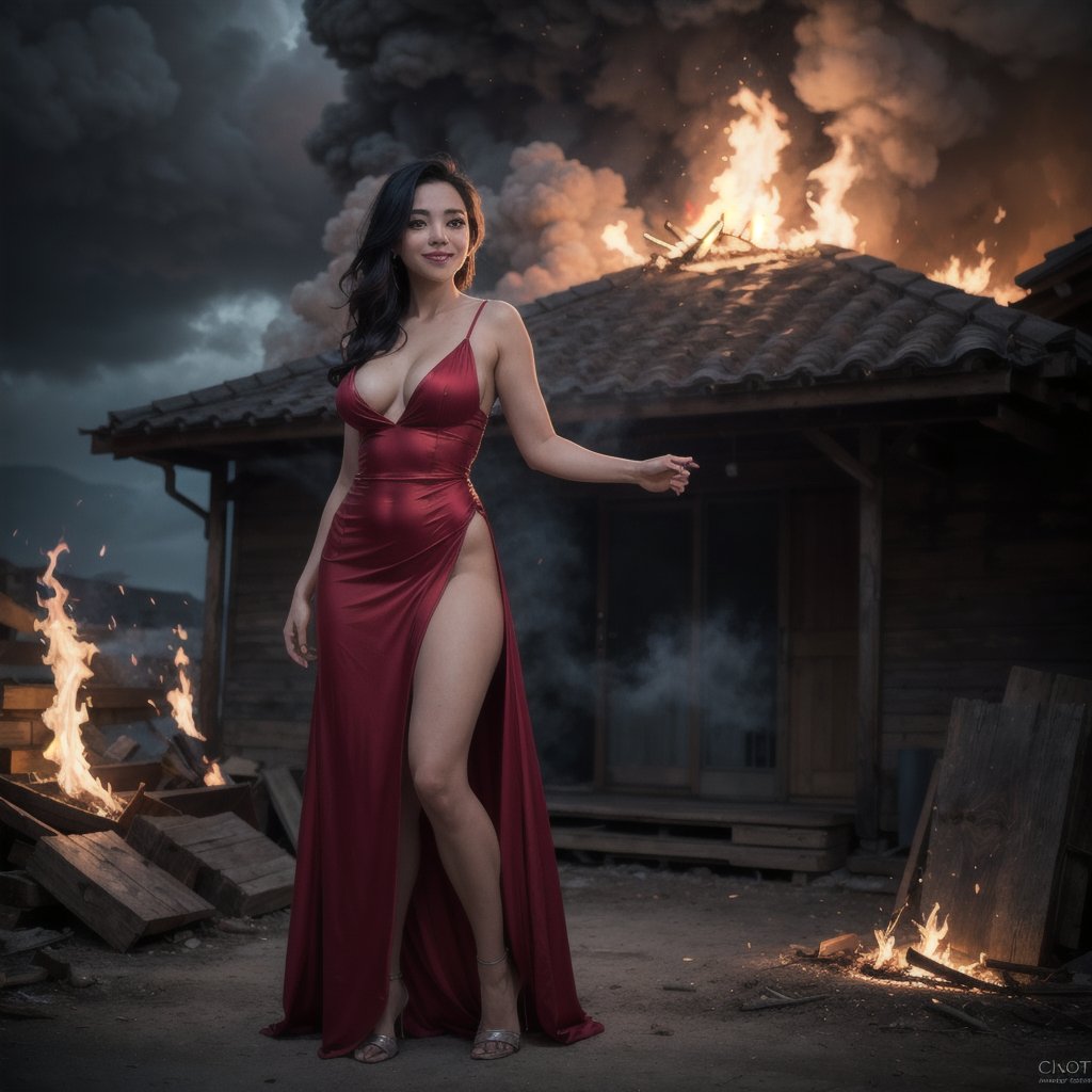 sexy, demons, clouds, fire, low lights,3girls,red dress, light smile,  dramatic lighting, full body photo, centered, super detailed and realistic eyes, smile, (cinematic look), (saturated color:1.1), soft cinematic light,