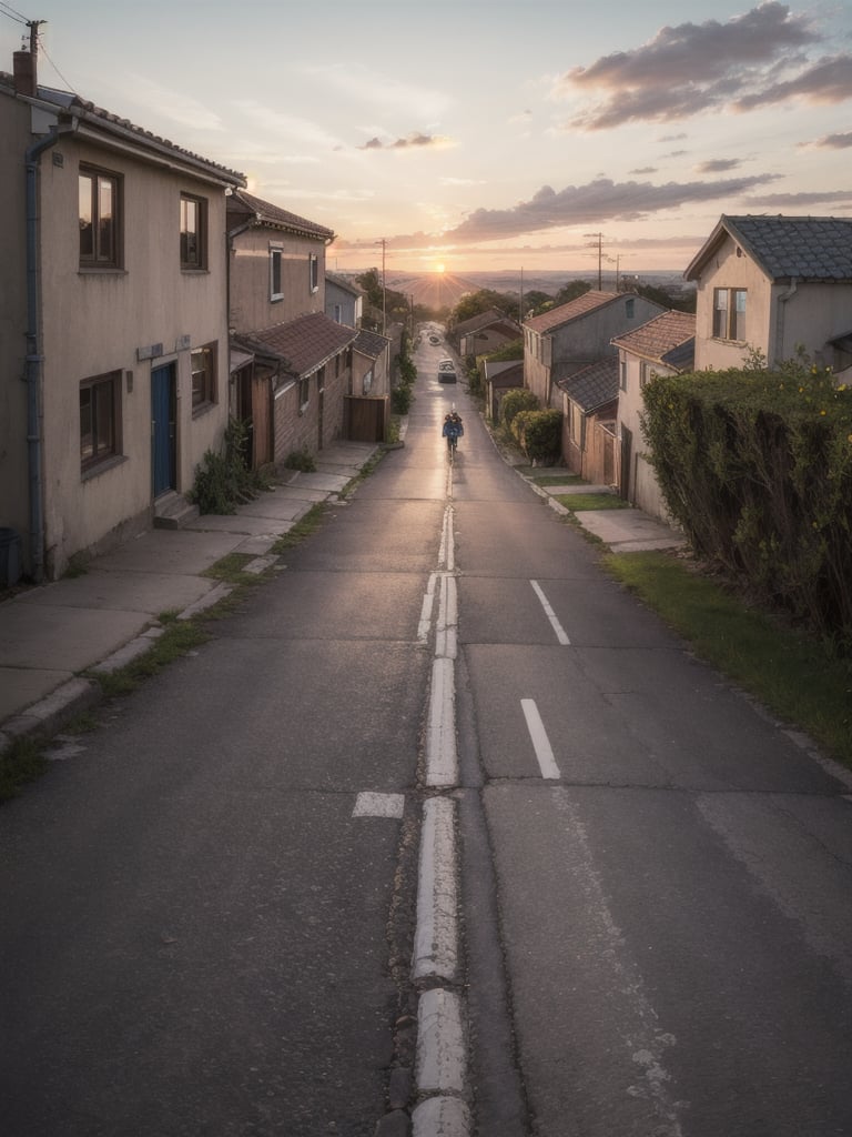 
road, sunset, houses, rural areas, people walking, cars,