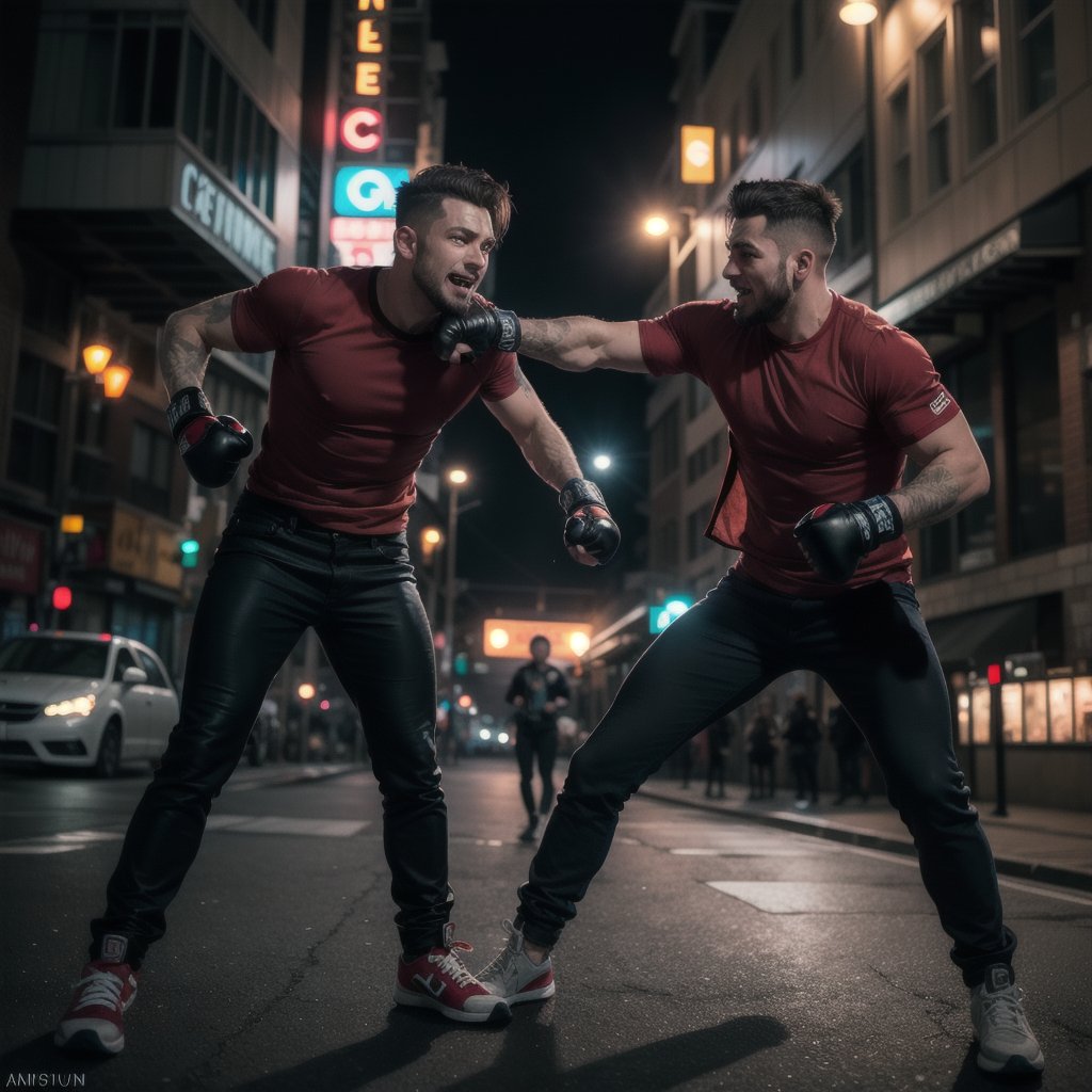 men, fighting, street figher style, full body photo, centered, super detailed and realistic eyes, smile, (cinematic look), (saturated color:1.1), soft cinematic light,