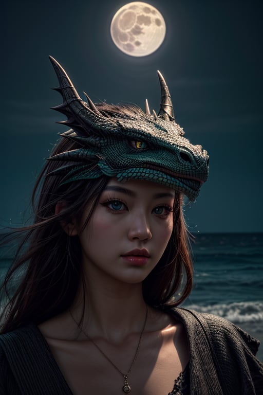 (masterpiece:1.2, best quality:1.2,  high quality, highres:1.1, aesthetic), detailed, extremely detailed, ambient soft lighting, dragon,  perfect eyes, perfect face, green-eyes, low angle shot, night background, fullmoon, beach