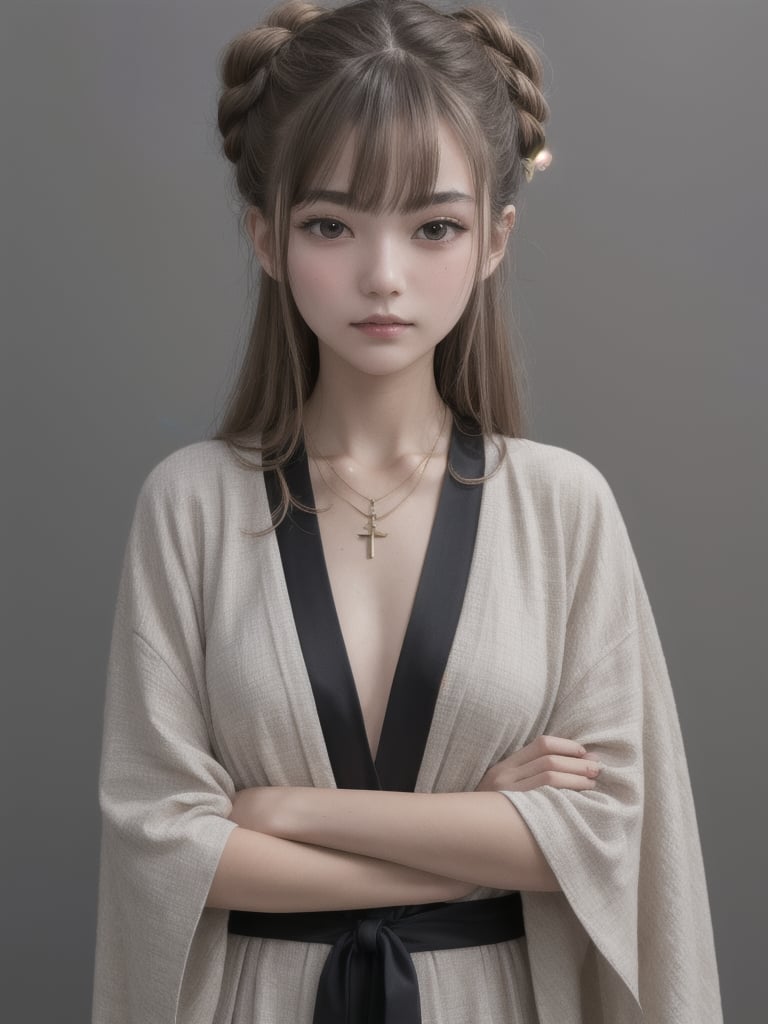 Gray clay style,(masterpiece, best quality), Grayscale,monochrome, 1girl, greyscale, japanese clothes, sword, weapon, hair bun, double bun, kimono, jewelry, bangs, black background, sash, cross, necklace, crossed arms, looking at viewer, simple background, parted lips, holding