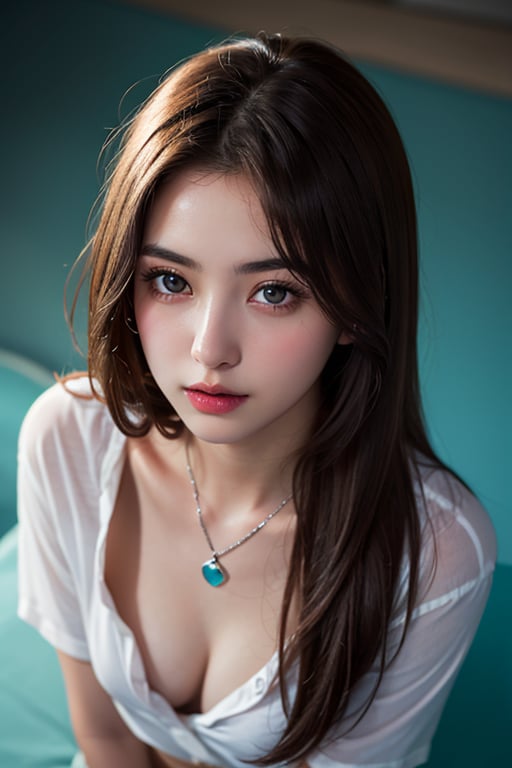 photorealistic, masterpiece, best quality, raw photo, 1girl, long hair, olive eyes, detailed eyes and face, small breast, naked_white_shirt, rip off_clothes, dynamic lighting, in the dark, deep shadow, low key, an extremely delicate and beautiful girl, dark cyan pupils, thin_simple_silver_necklace, clip, half body, high quality, light_brown_ hair only, Iran_Korean_girl, real-life realistic, Detailedface, moutain backgroud, sunset, view from above
