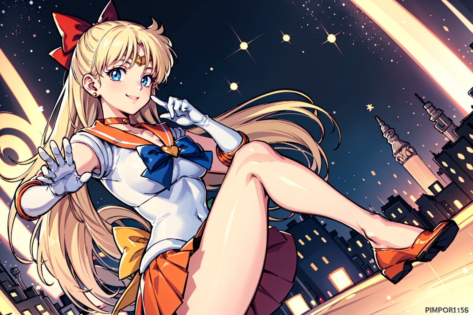  masterpiece, best quality, high resolution, unity 8k wallpaper, beautiful detailed eyes, extremely detailed face, perfect lighting, extremely detailed CG, perfect hands, perfect anatomy

 sv1, orange skirt, elbow gloves, tiara, pleated skirt, miniskirt, red bow, orange choker, white gloves, jewelry

bow, brooch, choker, earrings, elbow gloves, gloves, heart, heart brooch, sailor collar, skirt, pleated skirt, sailor collar, sailor senshi uniform, skirt, stud earrings, white gloves

smiling, twinkle in the eyes, hero pose, straight legs to sides