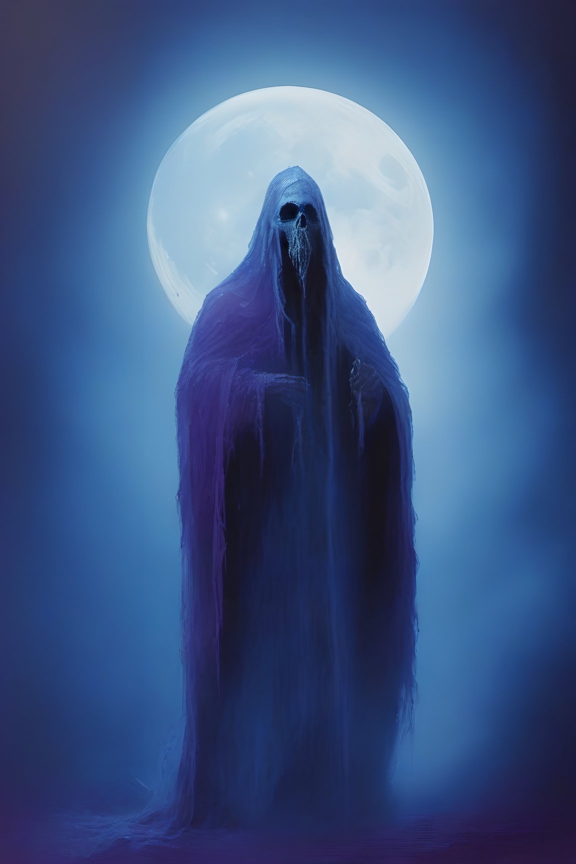 masterpiece, best quality, ominus, moon, mist, veil, ambient light, smoke, occult, horror, blue/purple, putrid