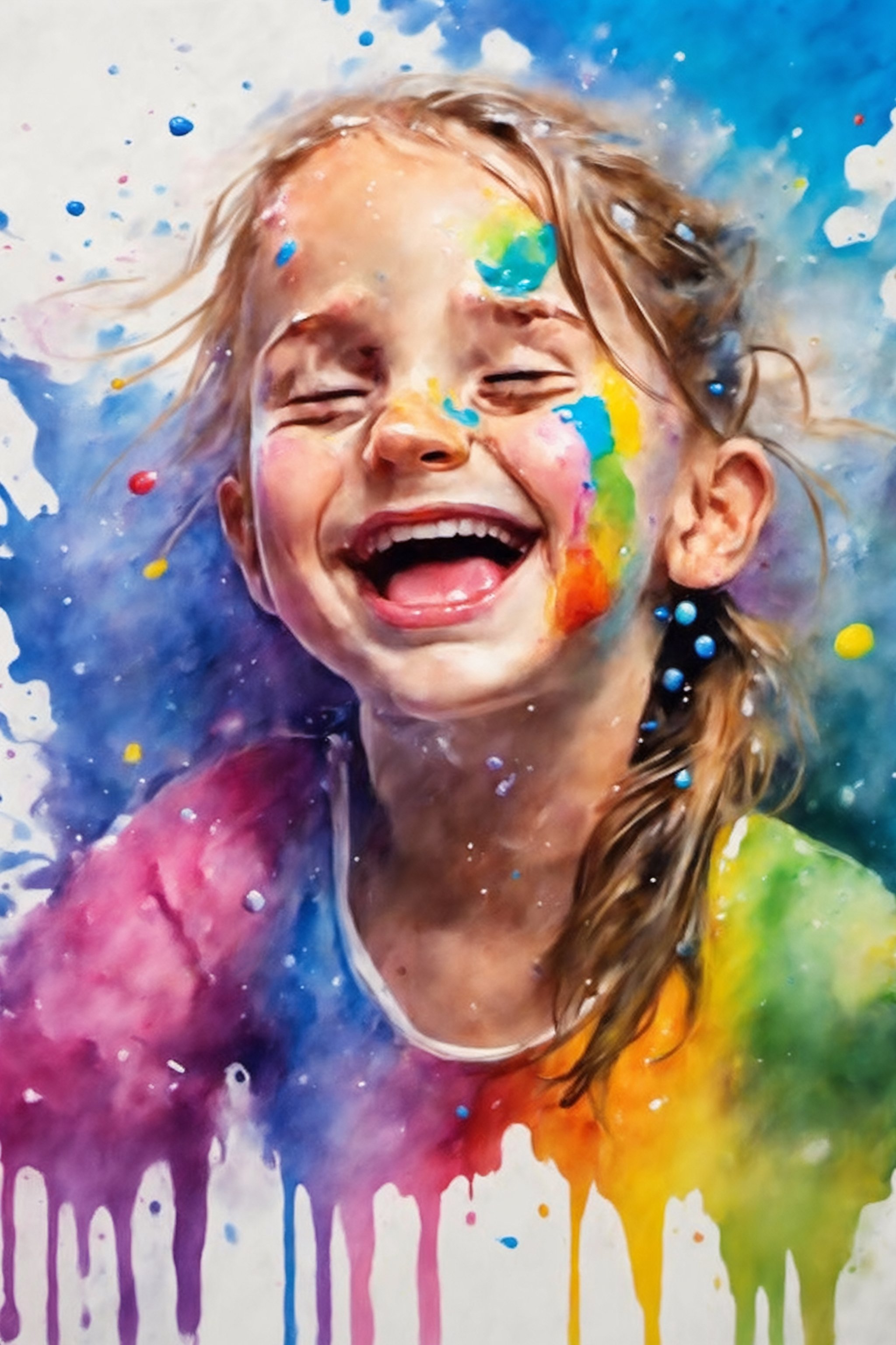 Masterpiece, 8k, dripping paint, chinese ink drawing, 1girl, 1080P, blowing, facing up, rain, happy, splashes of rainbow colour, laughing