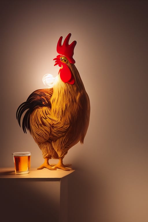 beautiful rooster holding a beer in a night light