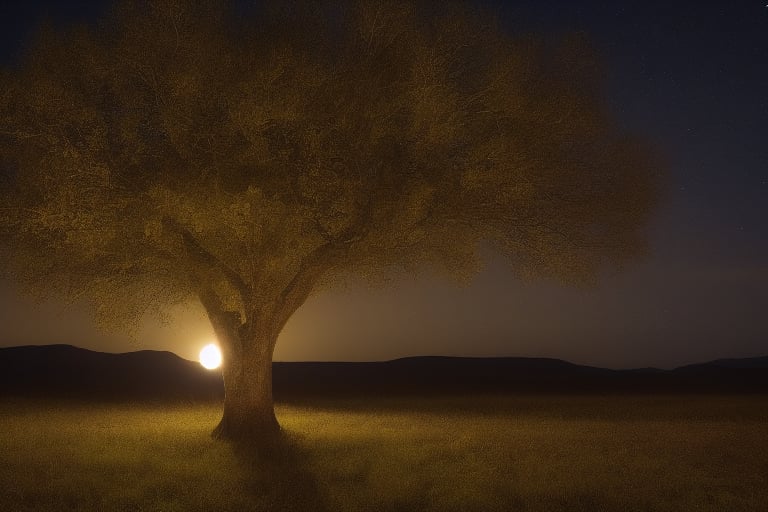 a scary monster looking infront hiding behind a tree in a moonlight