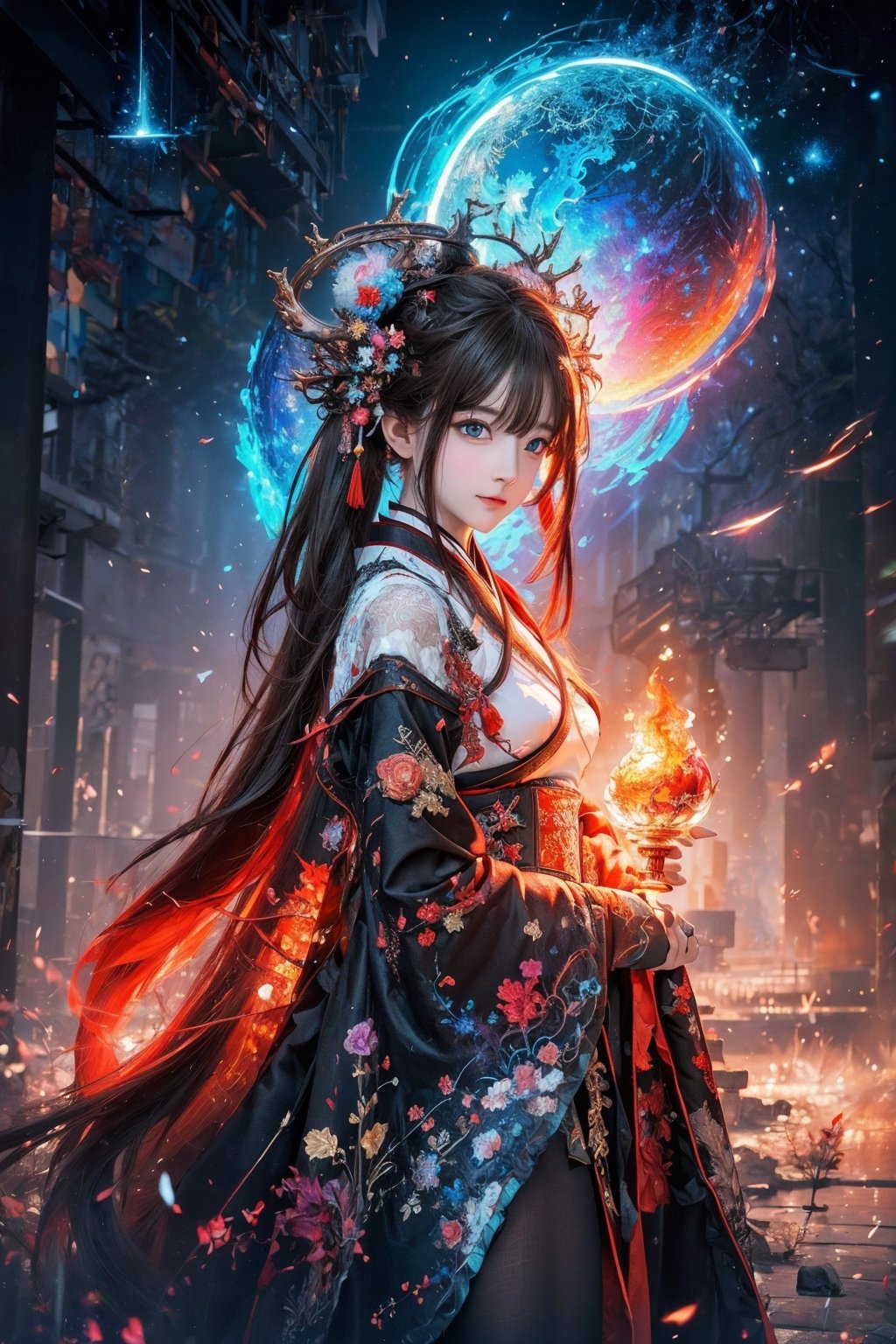 (masterpiece,  top quality,  best quality,  official art,  beautiful and aesthetic:1.2),  medium full shot, (1girl), young girl,  hanfu girl, extreme detailed, (abstract,  fractal art:1.3), colorful hair, highest detailed,  detailed_eyes,  fire dragon,  water,  ice,  lightning,  light_particles,  ,midjourney