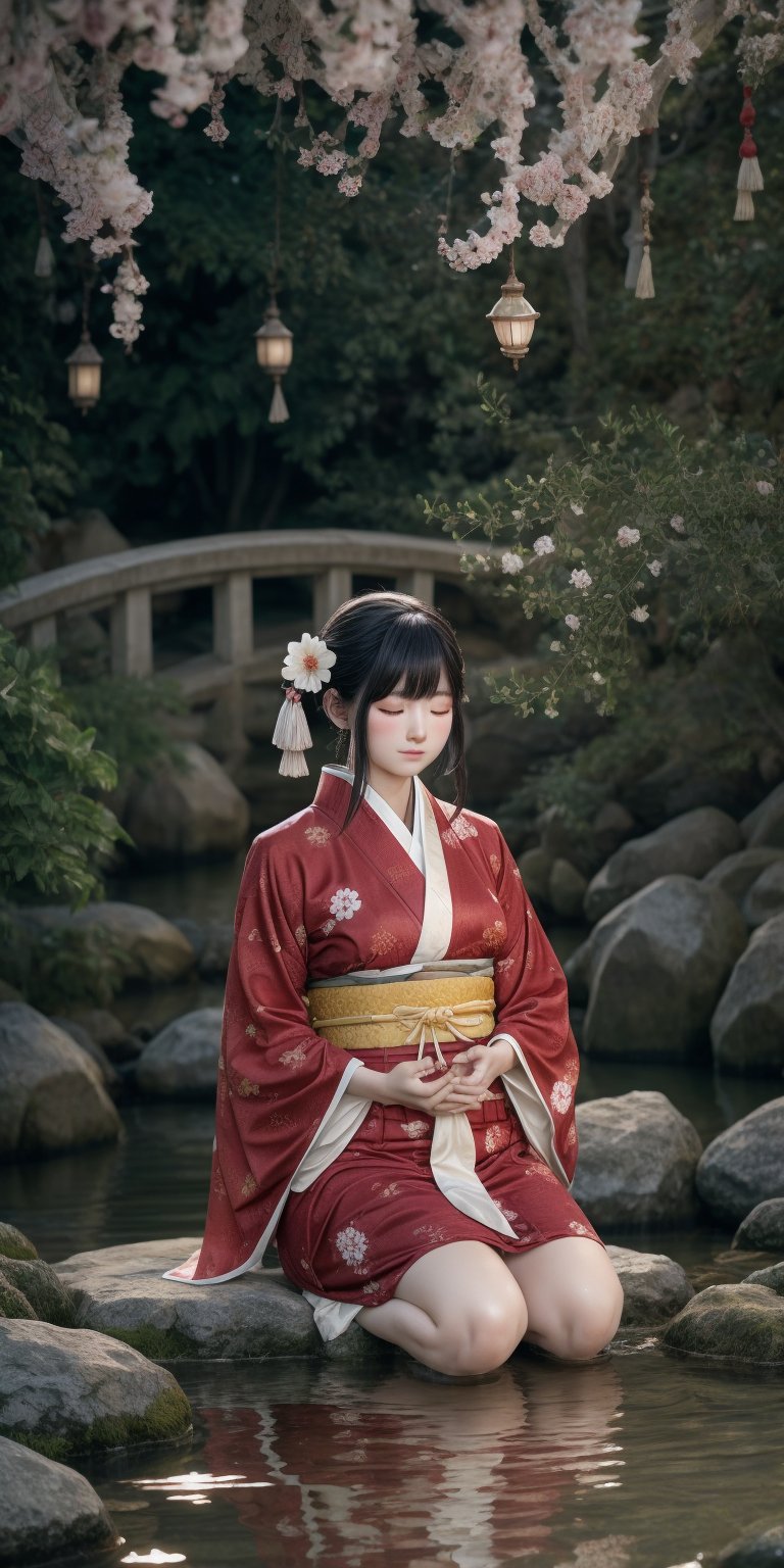 A serene moment captured: a young woman in traditional kimono kneels on a tranquil riverbank, her hands releasing a Toro nagashi into the gentle current as the warm sunlight softly illuminates her contemplative face amidst the Japanese-inspired patterns. The calm atmosphere is enhanced by the vibrant lanterns drifting lazily across the water's surface, their soft glow casting a peaceful ambiance.,watercolor style
