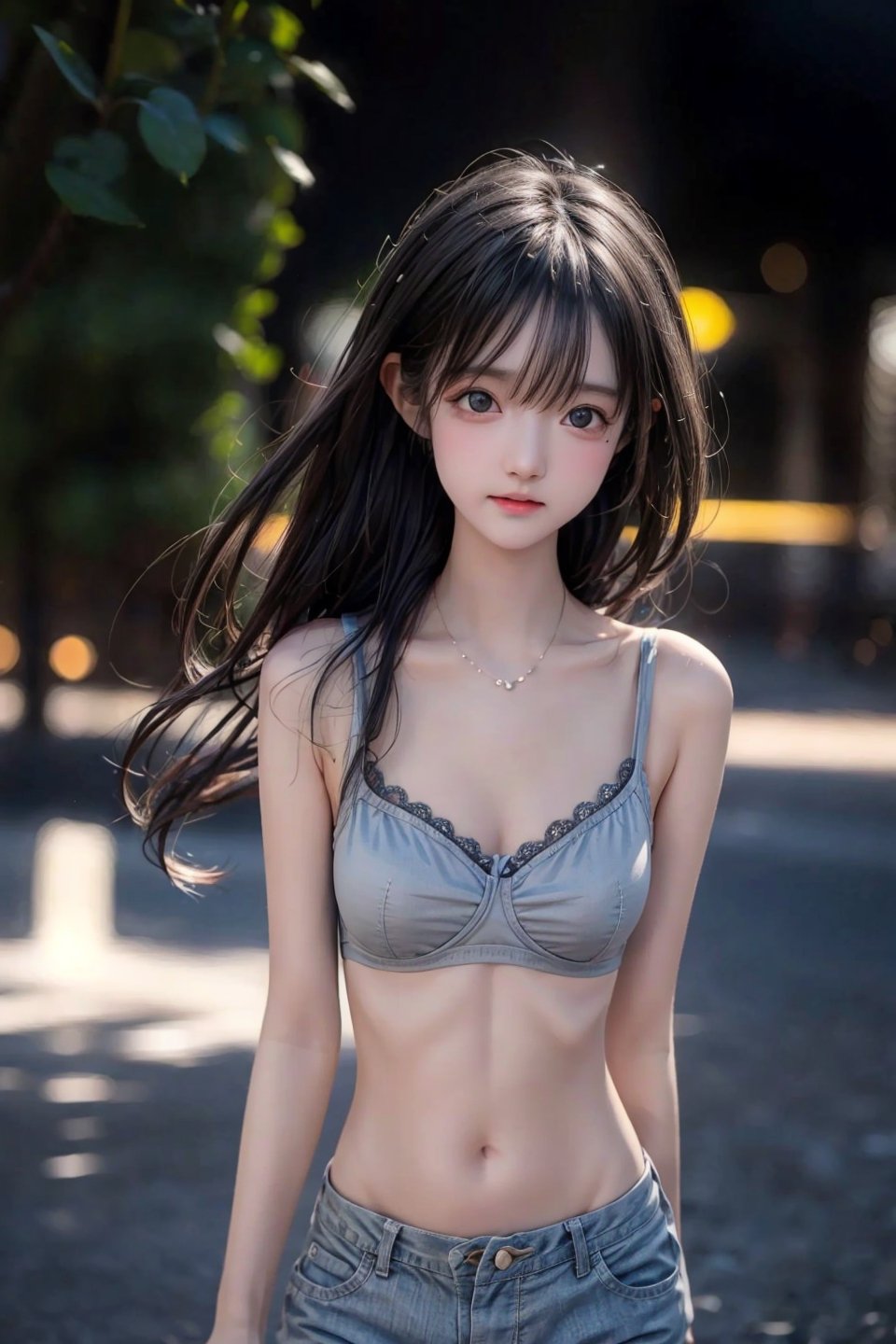 Best quality, masterpiece, very high resolution, photorealistic, (medium full shot:1.3), raw photo, a young girl, tiny body, medium round breast, long hair blowing in the wind, gray eyes, perfect body pose, winter, a sheer bra or topless , casual short pants, dynamic lighting , in the dark, deep shadows, cinematic images, dark city, dark sky, stars,