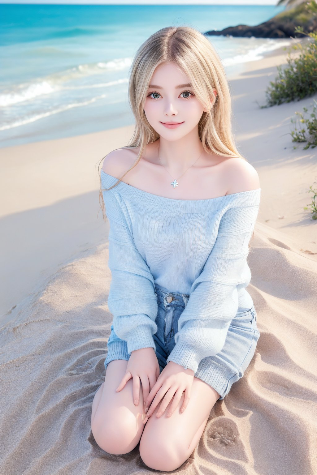 A serene masterpiece: Coastal Tranquility. A woman sits cross-legged on a sandy beach, hands resting on knees as she gazes at the waves, her peaceful smile a reflection of the calm atmosphere. Soft lighting casts gentle shadows, while the oversized pale blue sweater and white shorts convey effortless elegance. Tousled sun-kissed blonde hair adds to the relaxed vibe amidst the soothing sounds of gentle waves and soft pastel hues in the sky.