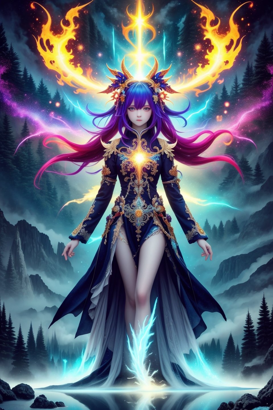 (masterpiece,  top quality,  best quality,  official art,  beautiful and aesthetic:1.2),  (1girl),  extreme detailed,  (abstract,  fractal art:1.1),  colorful hair,  highest detailed,  detailed_eyes,  fire,  water,  ice,  lightning,  light_particles,  ghost, full body shot,Holy light,<lora:659111690174031528:1.0>