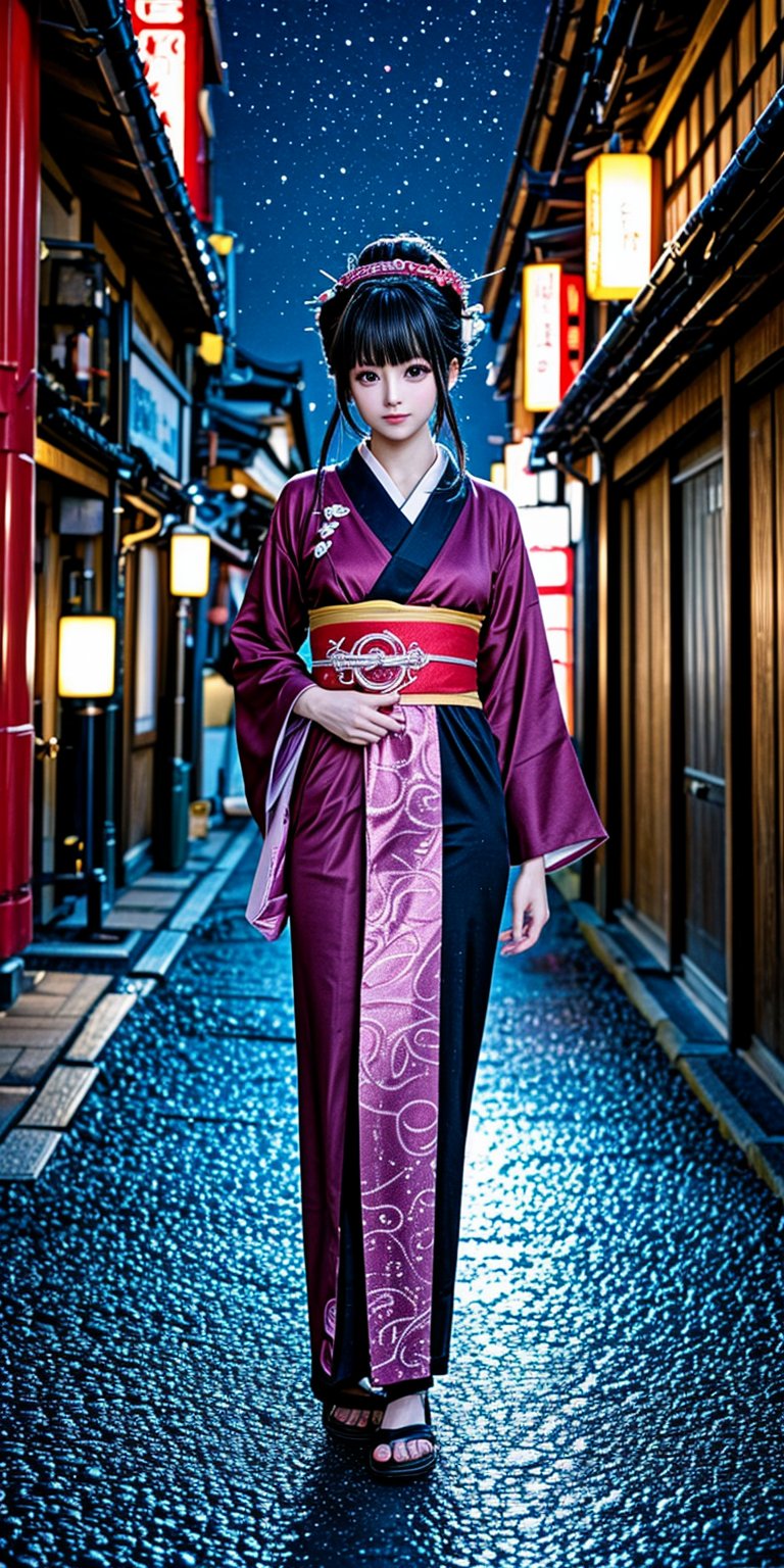 A stunning Japanese beauty stands poised in a futuristic Kyoto street at dusk, her kimono radiating bioluminescent threads that softly illuminate the neon-lit surroundings. Her geisha-inspired updo features intricate kanzashi accents shimmering in harmony with digital panels on nearby temples. The evening sky is filled with flying vehicles, their reflections casting dynamic patterns on the pavement below. In the foreground, interactive stalls glow with vibrant holograms of traditional and modern goods, adding a touch of futuristic flair to this captivating scene.