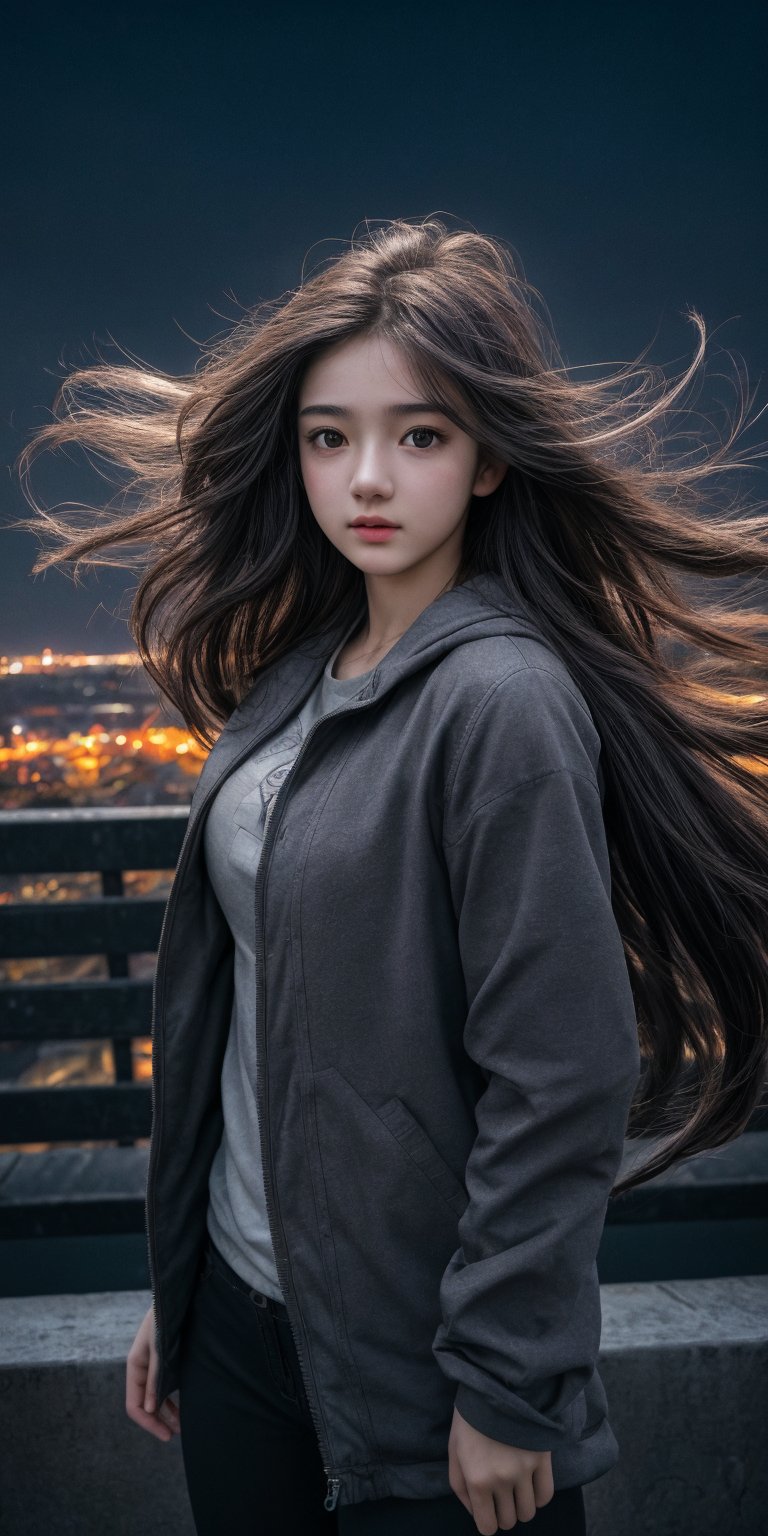 Best quality,  masterpiece,  ultra high res,  photorealistic,  (medium full shot:1.3),  raw photo,  a young girl,  17 year old,  long hair in the wind,  grey eyes,  perfect body pose,  dynamic lighting,  in the dark,  deep shadow,  cinematic image,  dark city,  floating city on the background.,