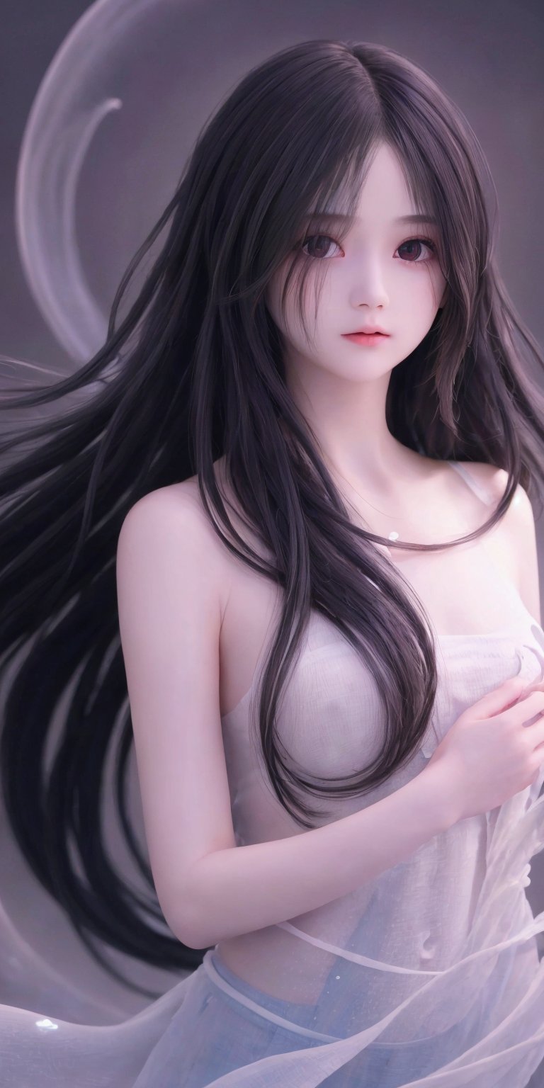 Ultra detailed realistic of a young girl lost in a magical world full of wonders, unique luminous flora never seen before, highly detailed, pastel colours, digital art, art by Mschiffer, night, dark, bioluminescence, slim, tall, perfect upper body, dynamic pose, pale skin, black hair, clear eyes, white skin, (long flowing hair, floating hair, long hair, messy hair), ((long floating sheers)), perfect fingers, long bangs, medium shot, upper body, in the dark, deep shadow, low key, intricate fractal art,luna