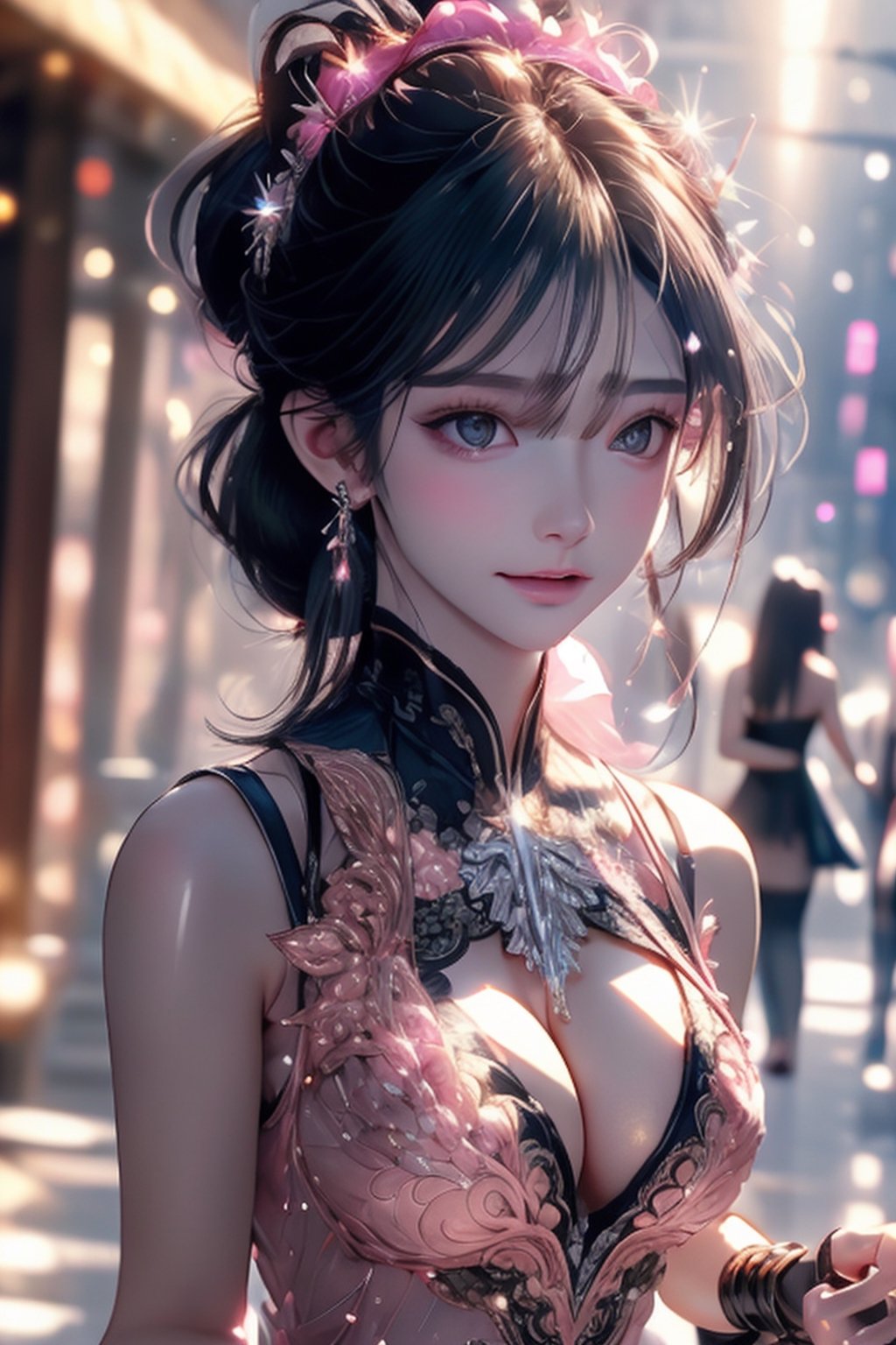 masterpiece, best quality, photorealistic, raw photo, hot girl, young girl, 1 girl, realistic face, posing dynamic, detailed_background, , realistic style,8k, detailed face, color contact lenses, haewonlorashy, perfect face, large breast,(((long black floating ponytail hair))), no panty, (((wearing fancy silver-pink sequin party dress, intricate and highly detailed, cleavage))), super bright scene, very bright backlighting, sharp focus, upper-body portrait, high-heeled shoes, (((sexy pose))), side_view
