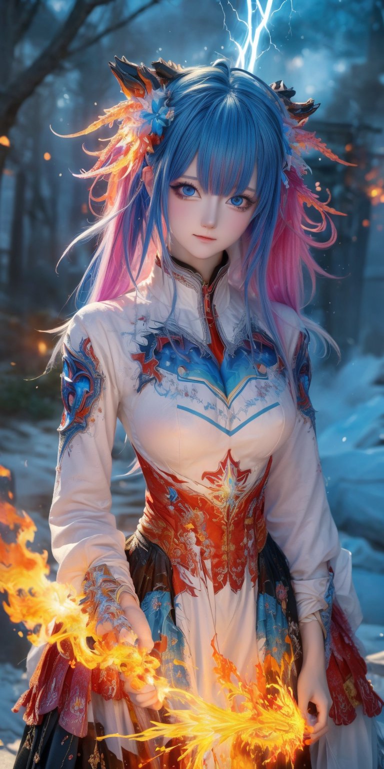 (masterpiece, top quality, best quality, official art, beautiful and aesthetic:1.2), (1girl), extreme detailed,(abstract, fractal art:1.3),colorful hair,highest detailed, detailed_eyes, fire, water, ice, lightning, light_particles, ghost,
