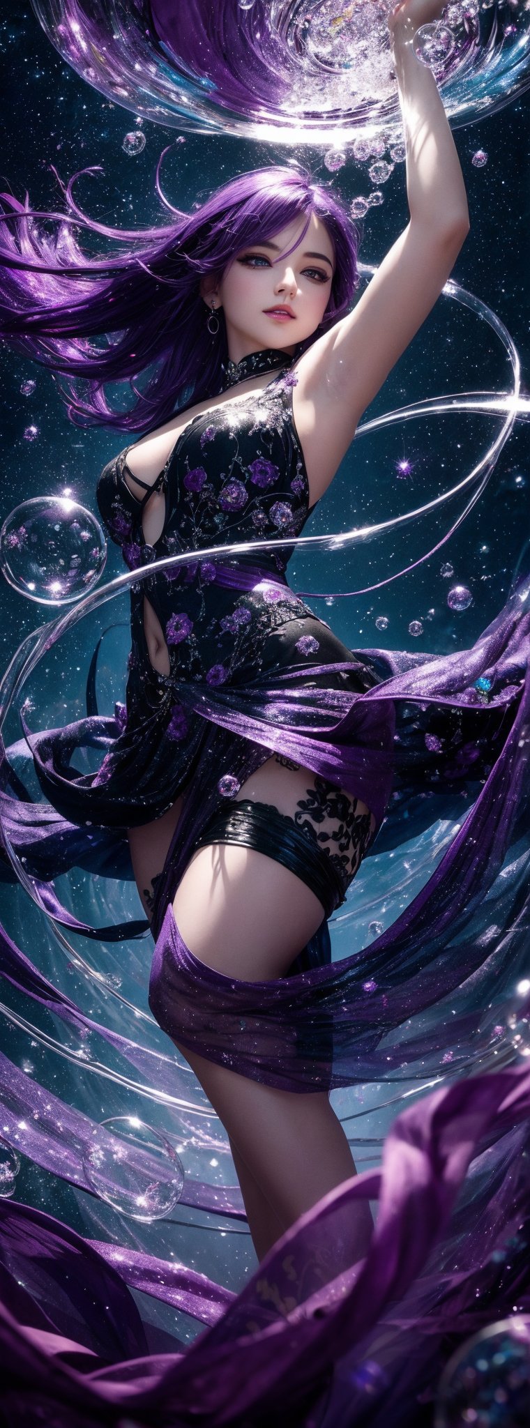 A stunning girl with vibrant purple hair and piercing ruby eyes dominates the frame, her confident pose drawing the viewer's gaze. Amidst a swirling vortex of inky stars, she gazes directly at the camera, her full figure exuding self-assurance. Dynamic movement fills the air, as if passion has taken physical form, pouring forth like ink rain. In the background, delicate orchids float amidst suspended bubbles of ink, adding whimsy to this masterfully crafted digital artwork.