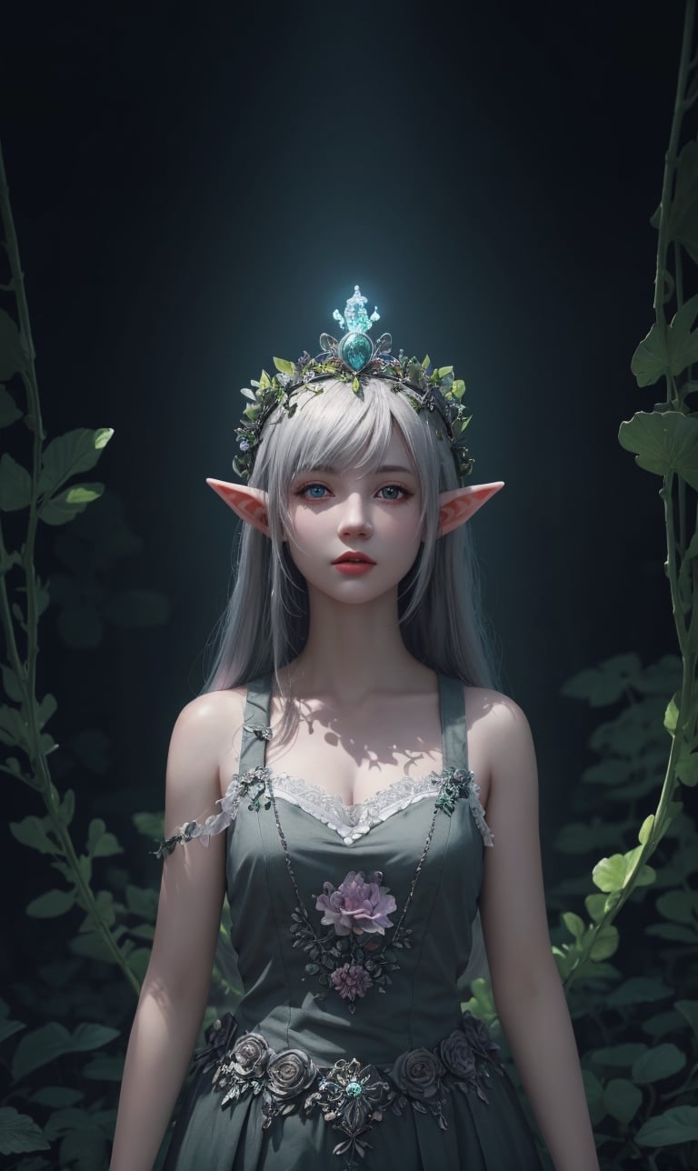 HDR, Ultra detailed illustration of a elf with crown lost in a magical world full of wonders forest, unique luminous flora, highly detailed, pastel colors, digital art, art by Mschiffer, night, dark, grey bioluminescence, (darkness background:1.2), 1girl, white skin, pale skin,
