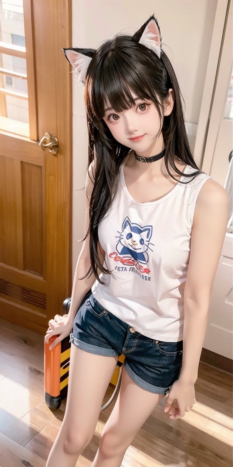 1girl, solo, long hair, hot short pants, sleeveless shirt, black hair, standing, white shirt, short sleeves, indoors, blunt bangs, plaid, feet out of frame, realistic, side back, messy hair, hyper realistic, dynamic angles from above, cute smile, cat_collar, 
