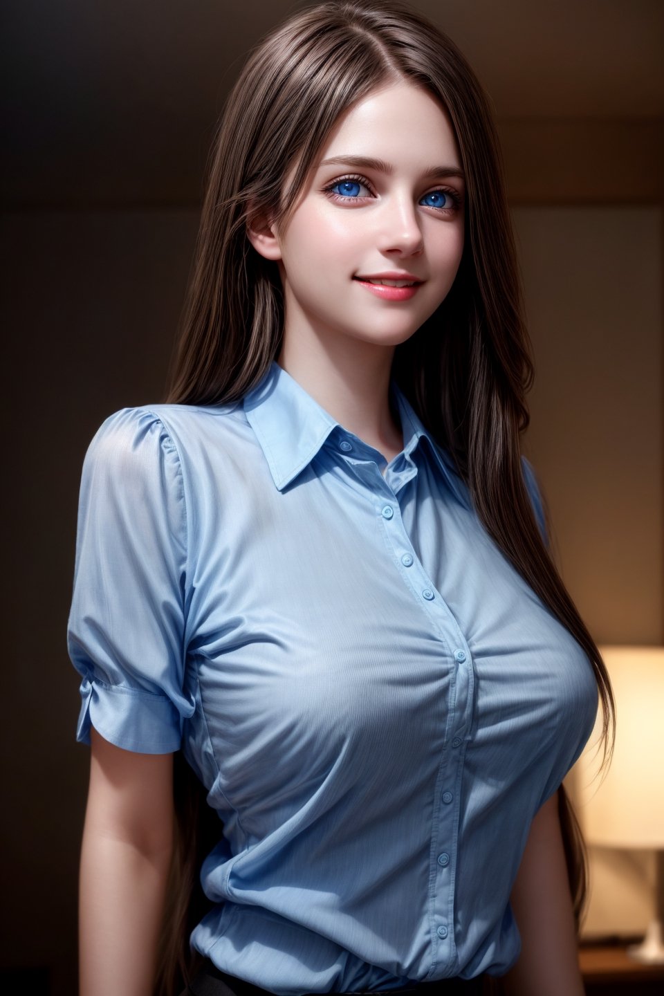 photorealistic, raw photo, 1girl, long hair, blue eyes, medium breast, collared blouse, light smile, detailed skin, pore, wide shot, low angle, in the dark, low key